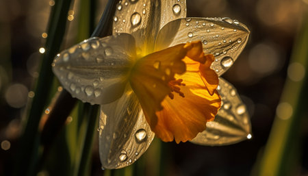 Vibrant gerbera daisy reflects in dewdrop pond generated by artificial intelligenceの素材