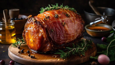 Grilled pork fillet on rustic wooden table generated by artificial intelligenceの素材