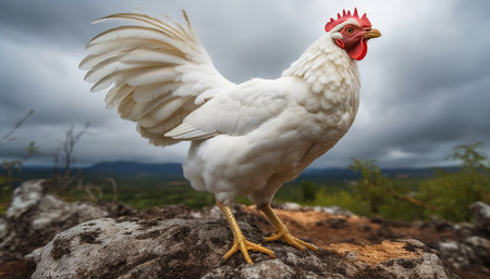 Free range rooster standing in rural meadow generated by artificial intelligenceの素材