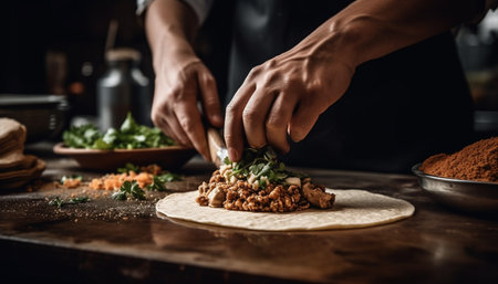 Chef hand prepares rustic homemade dessert slice generated by artificial intelligenceの素材