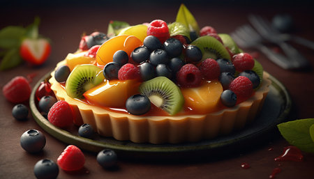 Sweet berry cheesecake with raspberry and kiwi slice generated by artificial intelligenceの素材