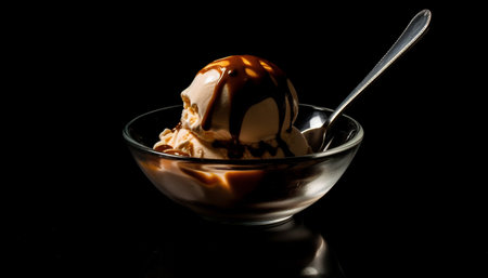 Sweet indulgence chocolate ice cream with fruit decoration generated by artificial intelligenceの素材