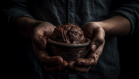 Caucasian man holding homemade chocolate dessert bowl generated by artificial intelligenceの素材