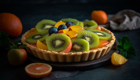 Healthy kiwi slice on rustic wooden plate generated by artificial intelligenceの素材