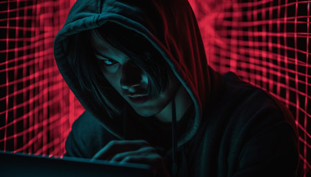 Hooded thief typing password, back lit and dangerous generated by artificial intelligenceの素材