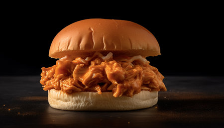 Grilled meat sandwich on rustic wood table generated by artificial intelligenceの素材