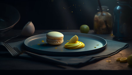 A gourmet dessert on a wooden plate generated by artificial intelligenceの素材