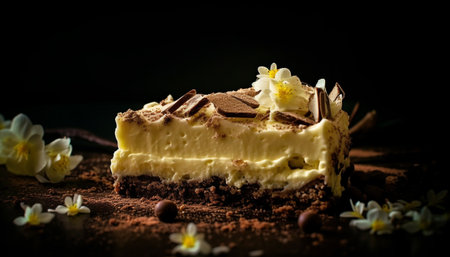 Indulgent slice of dark chocolate fudge brownie generated by artificial intelligenceの素材