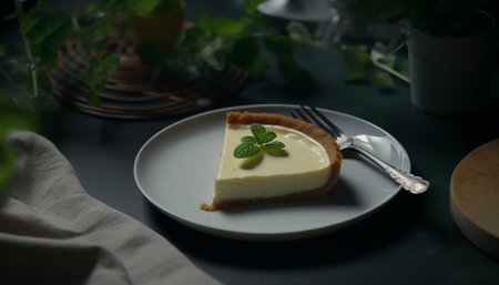 Sweet cheesecake slice with fresh fruit and mint generated by artificial intelligenceの素材