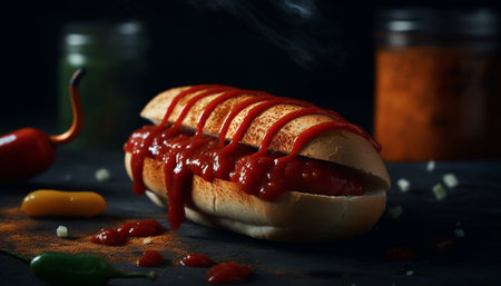 Grilled beef sandwich with homemade ketchup sauce generated by artificial intelligenceの素材