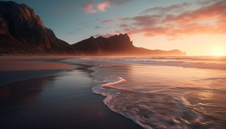 Sunrise over majestic mountain, tranquil waters reflect generated by artificial intelligenceの素材