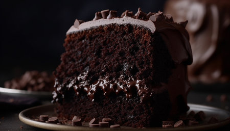 Indulgent chocolate cake slice with fudge sauce generated by artificial intelligenceの素材