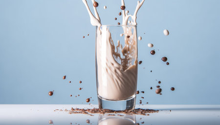 Smooth chocolate milkshake pouring into drinking glass generated by artificial intelligenceの素材