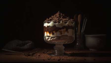 A gourmet dessert on a rustic table generated by artificial intelligenceの素材