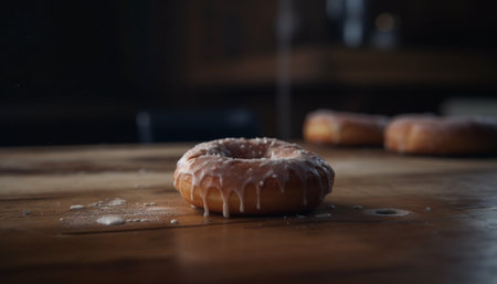 Sweet donut snack on rustic wood table generated by artificial intelligenceの素材