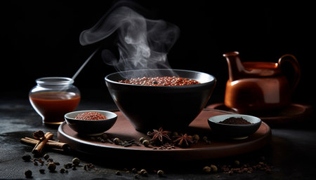 Organic coffee bean, spice, and chocolate dessert generated by artificial intelligenceの素材