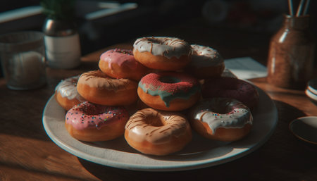 Indulgent donut plate, tempting sweet snack variation generated by artificial intelligenceの素材
