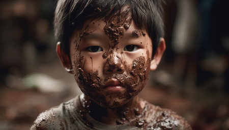 Smiling children covered in mud having fun outdoors generated by artificial intelligenceの素材