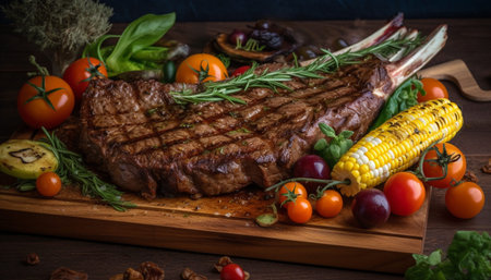 Grilled steak, fresh vegetables, rustic plate, juicy generated by artificial intelligenceの素材