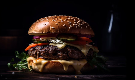 Grilled cheeseburger on sesame bun with fries generated by artificial intelligenceの素材