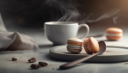 A stack of macaroons and cookies on a rustic table, with a cup of coffee and saucer, decorated with meringue and almonds, and a plate of sweet treats, all surrounded by a still life of coffee beans and steam, creating a warm and inviting atmosphere for a coffee break generated by artificial intelligenceの素材