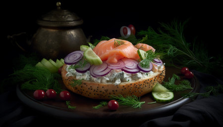 A gourmet seafood meal with fresh ingredients generated by artificial intelligenceの素材