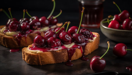 Sweet berry tart on rustic wood plate generated by artificial intelligenceの素材