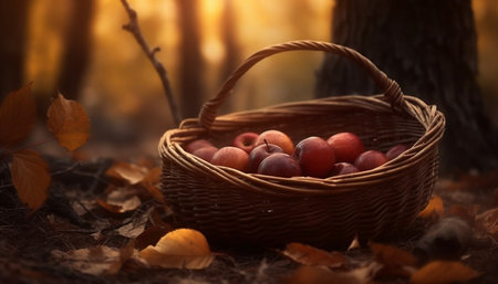 Fresh organic harvest in wicker basket, autumn bliss generated by artificial intelligenceの素材
