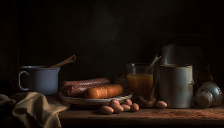 Rustic kitchen prepares fresh organic meals indoors generated by artificial intelligenceの素材