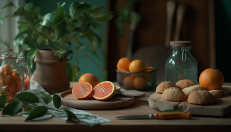 Rustic table displays homemade vegetarian dessert bowl generated by artificial intelligenceの素材