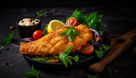 Grilled fillet of fish with fresh salad generated by artificial intelligenceの素材