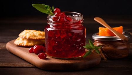 Rustic homemade preserves: sweet berry marmalade in jar generated by artificial intelligenceの素材