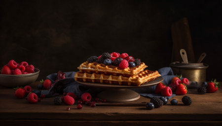 A gourmet berry dessert plate with chocolate generated by artificial intelligenceの素材