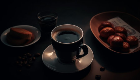 Organic fruit and coffee on wooden table generated by artificial intelligenceの素材
