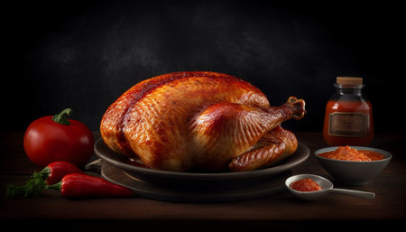 Organic grilled chicken and turkey on rustic table generated by artificial intelligenceの素材