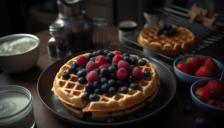 Fresh berry waffles, homemade sweetness on wood generated by artificial intelligenceの素材