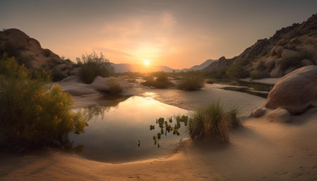 Sunrise over tranquil mountain range, reflecting beauty generated by artificial intelligenceの素材