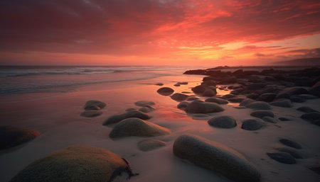 Sunset over tranquil waters, a perfect vacation generated by artificial intelligenceの素材