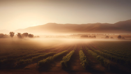 Tranquil sunrise over idyllic Italian vineyard landscape generated by artificial intelligenceの素材