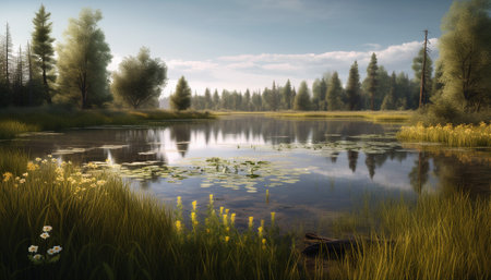 Tranquil scene: Reflection of autumn trees in pond generated by artificial intelligenceの素材