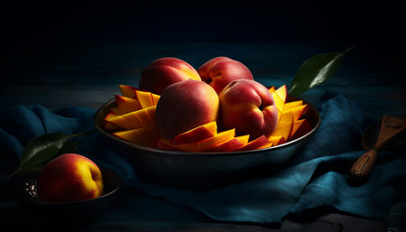 A rustic bowl of fresh, ripe fruit generated by artificial intelligenceの素材