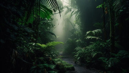 A spooky fog shrouds the mysterious forest generated by artificial intelligenceの素材