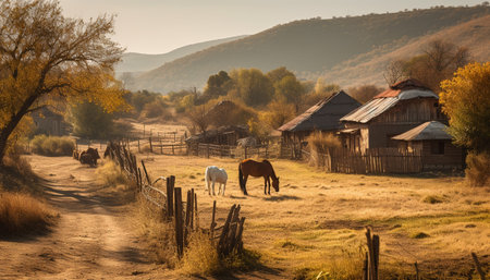 Tranquil autumn meadow, cows grazing, mountain backdrop generated by artificial intelligenceの素材