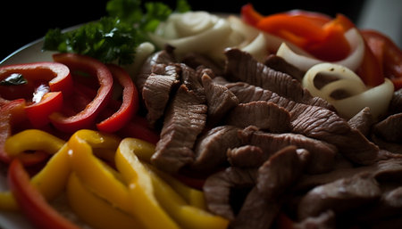 Grilled steak and pork, fresh salad plate generated by artificial intelligenceの素材