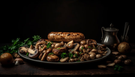 Grilled pork and mushroom plate, a gourmet lunch generated by artificial intelligenceの素材