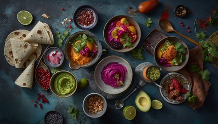 Fresh guacamole and salsa on rustic wood table generated by artificial intelligenceの素材