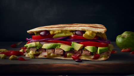 Grilled beef sandwich with fresh tomato and vegetables generated by artificial intelligenceの素材