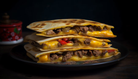 Grilled beef taco on homemade flatbread plate generated by artificial intelligenceの素材
