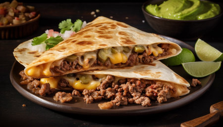 Grilled beef taco with fresh guacamole and cilantro generated by artificial intelligenceの素材