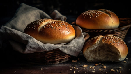 Freshly baked ciabatta on rustic wooden table generated by artificial intelligenceの素材